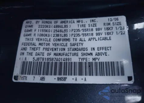2007 Acura Rdx from USA, damaged, VIN 5J8TB18587A014991